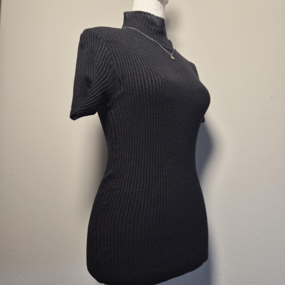 GIANNI VERSACE Ribbed Knit Shortsleeve Whimsigoth Vintage 90s Turtleneck Top L - Picture 2 of 9